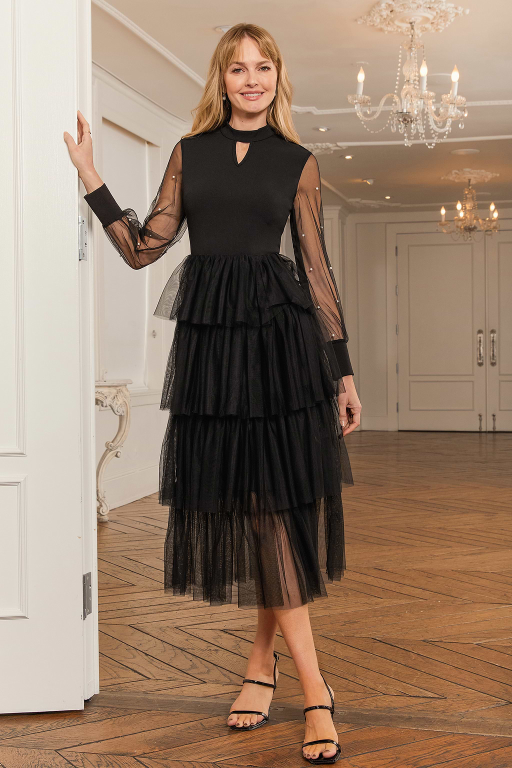 Black High Neck Sheer Sleeve Tiered Mesh Midi Dress