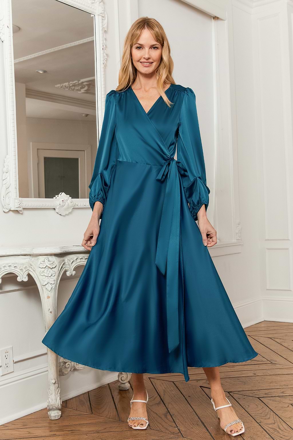Navy Satin Surplice Puff Sleeve Maxi Dress
