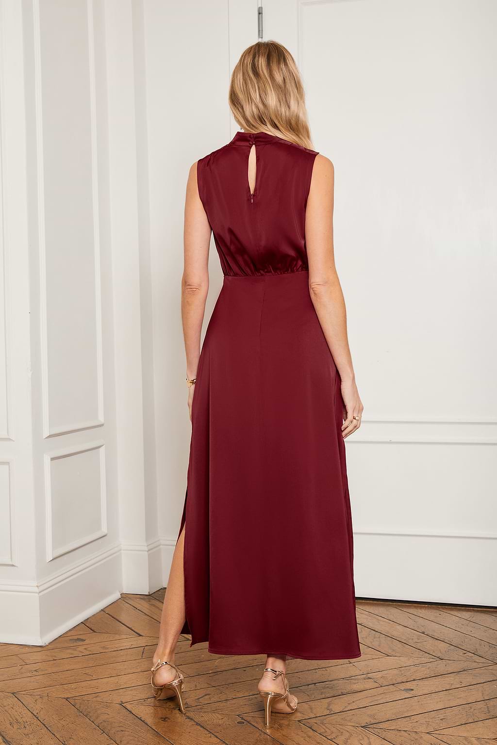 Red Satin Mockneck Maxi Dress