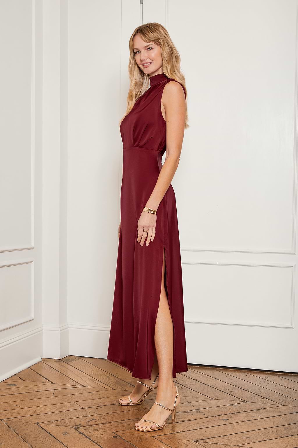 Red Satin Mockneck Maxi Dress