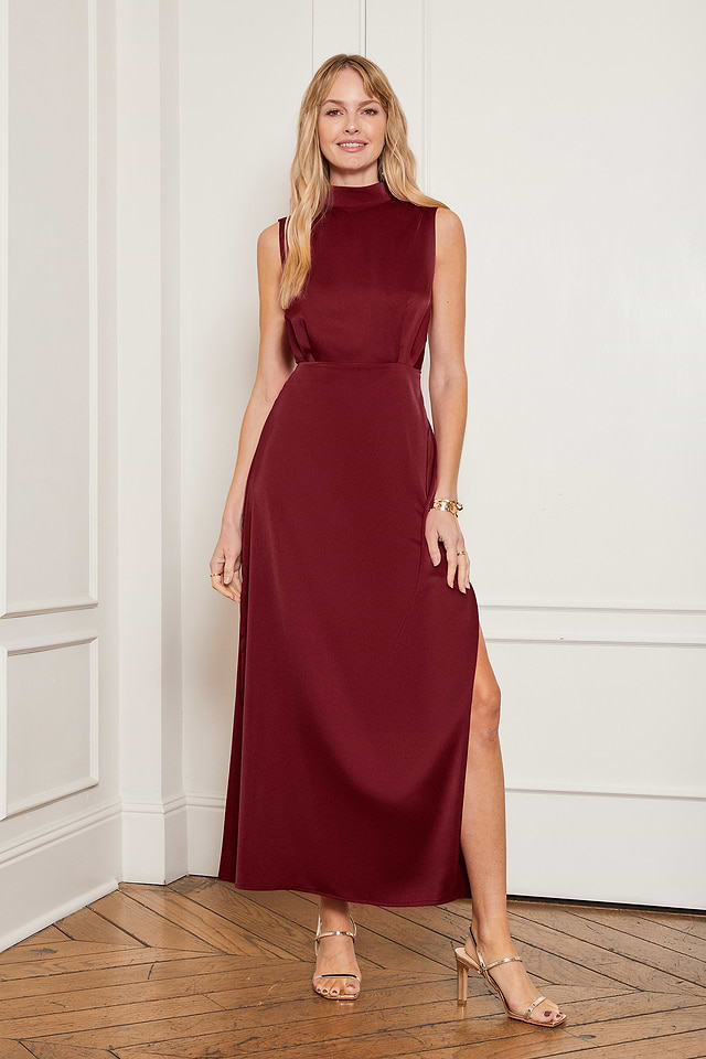 Red Satin Mockneck Maxi Dress