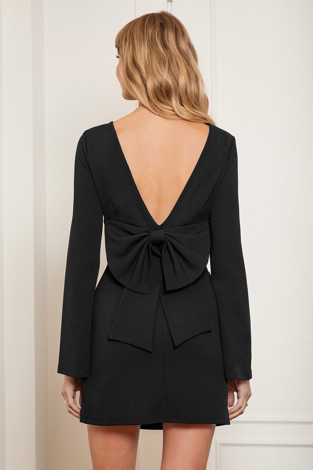 Black Boatneck Long Flared Sleeve Mini Dress