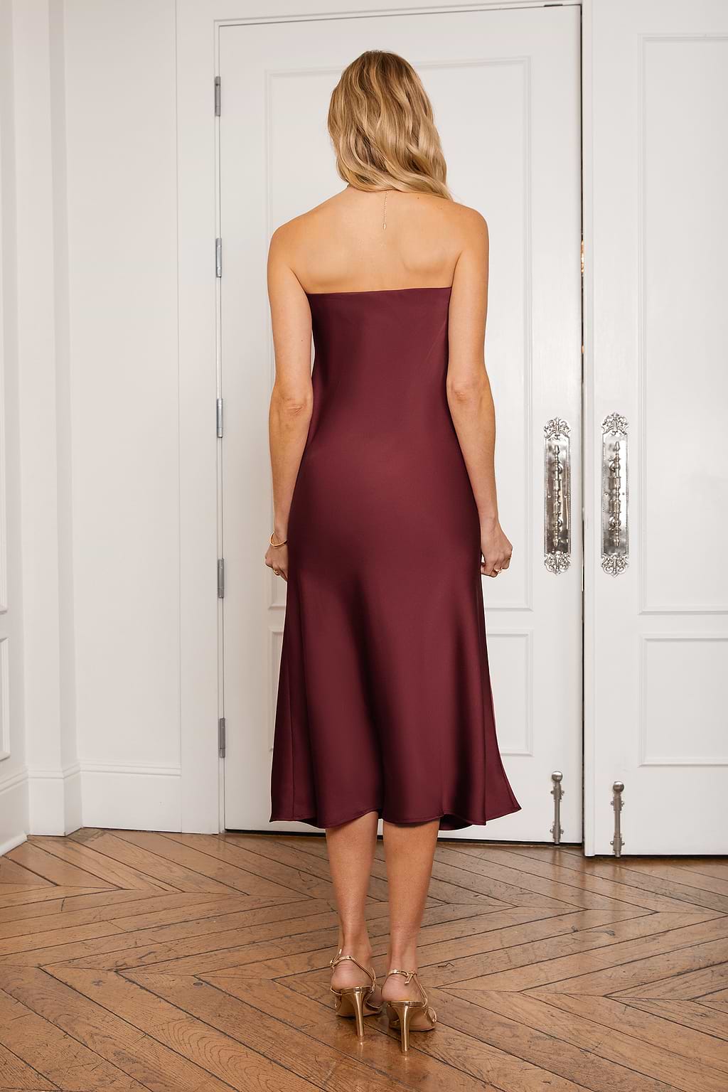 Red Satin Strapless Maxi Dress