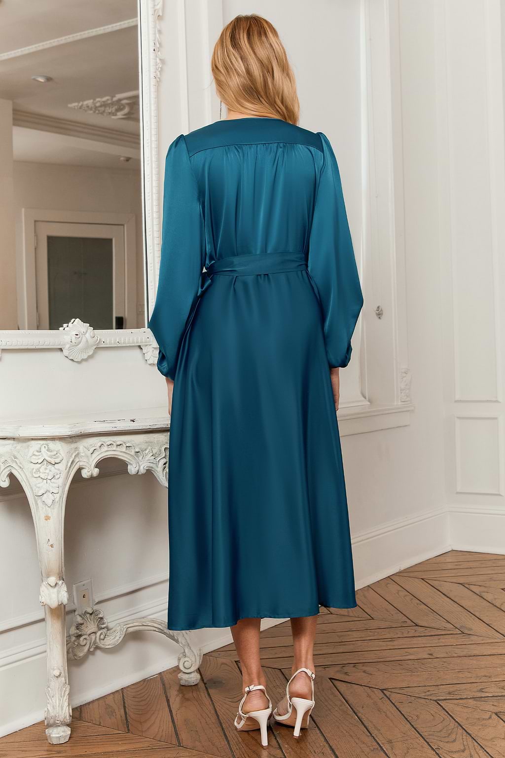 Navy Satin Surplice Puff Sleeve Maxi Dress