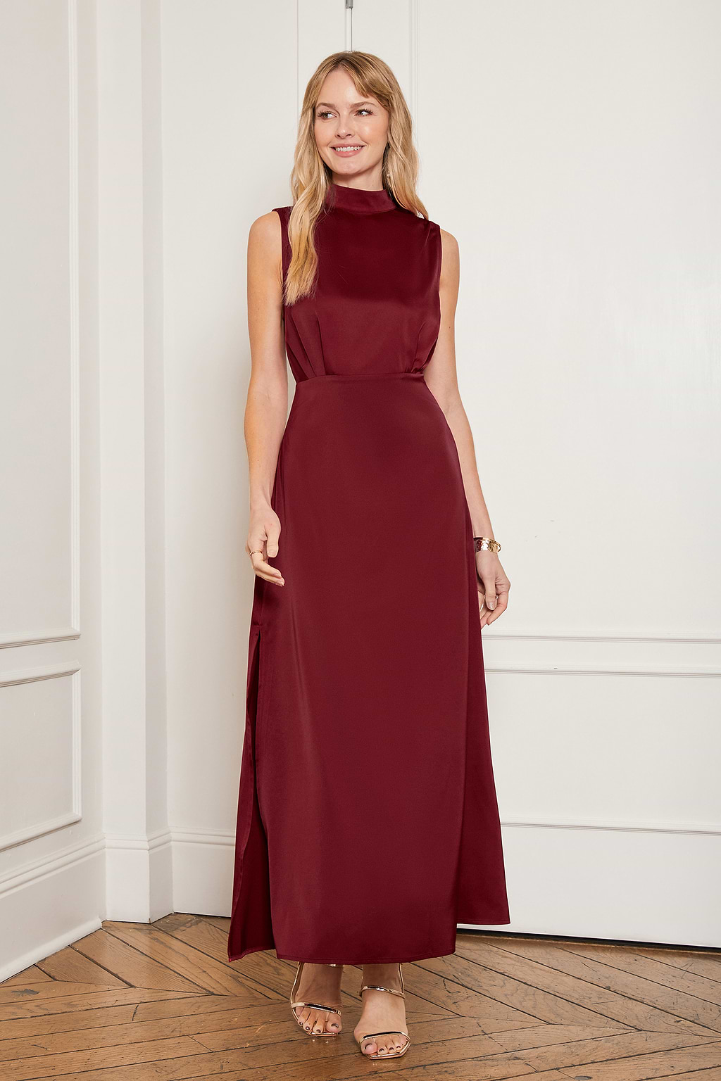 Red Satin Mockneck Maxi Dress