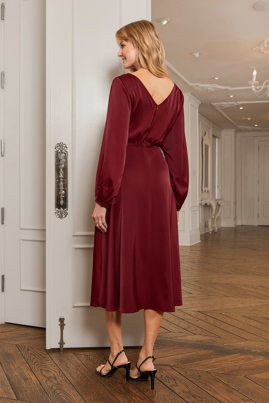 Red Satin Boatneck Puff Sleeve Maxi Dress