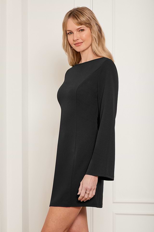 Black Boatneck Long Flared Sleeve Mini Dress