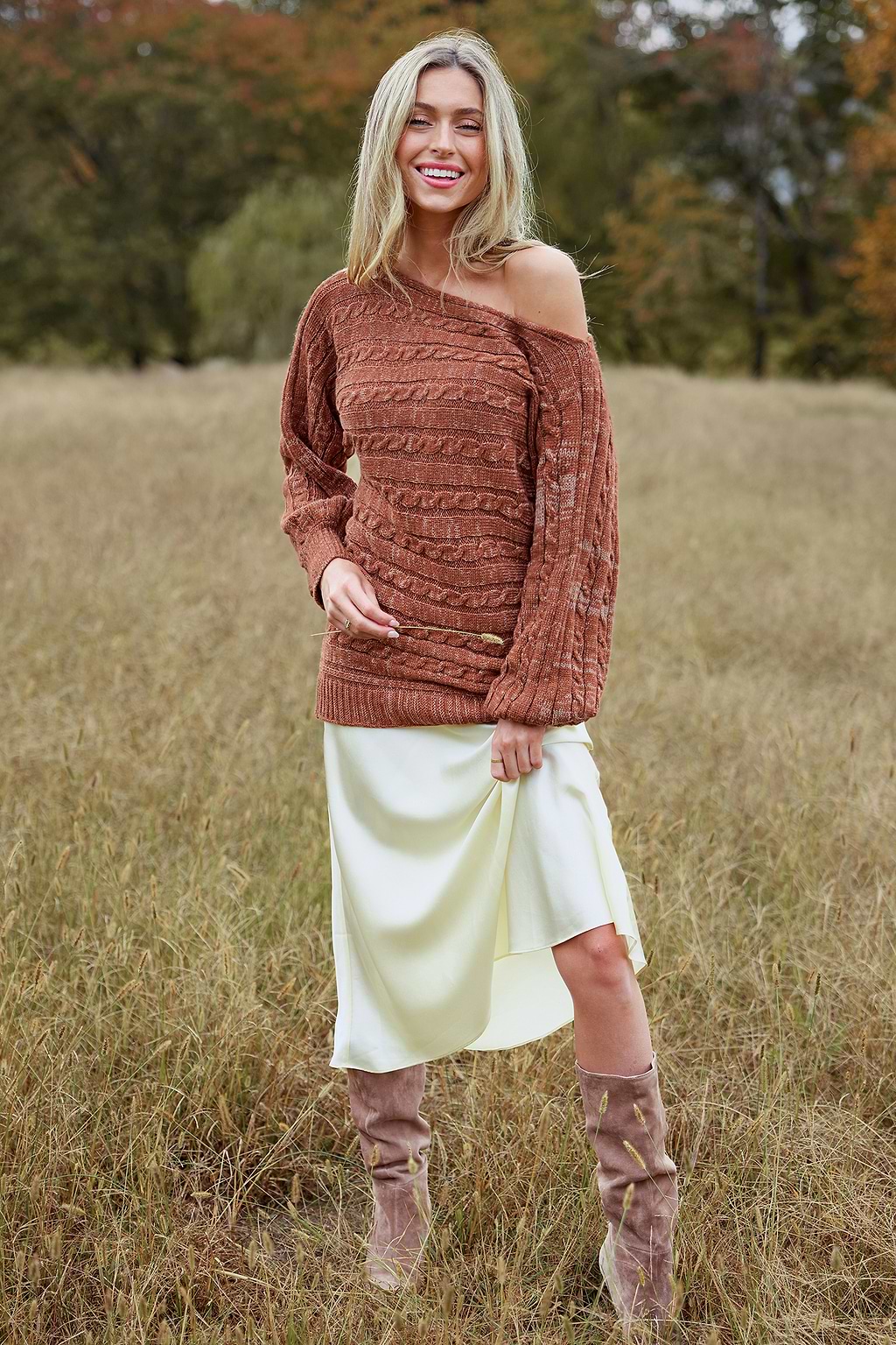 Orange Cable Knit Off-Shoulder Long Sleeve Sweater