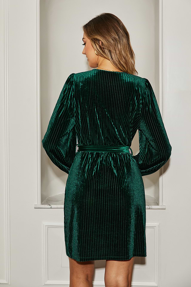 green velvet mini dress long sleeve Velvet Crew Neck Long Sleeve Ruched Wrap Mini Dress