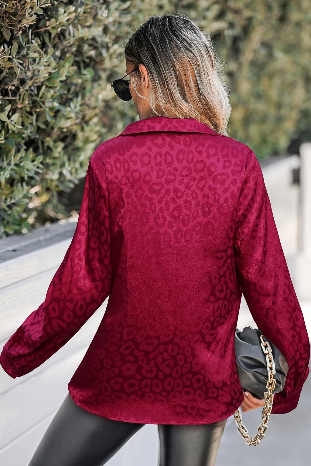 Tonal Leopard Print Collared Button Up Blouse