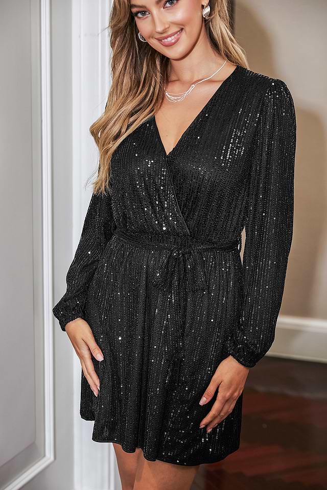 blue dress for baby girl Black Sequin Long Sleeve Short Dress with Open Back main image 1