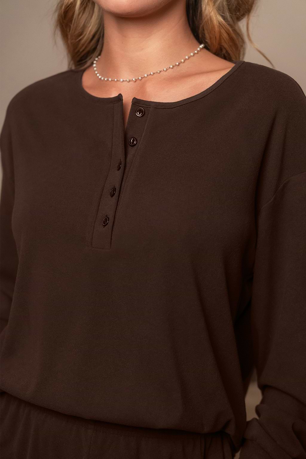 Brown Long Sleeve Henley & Pants Pajama Set