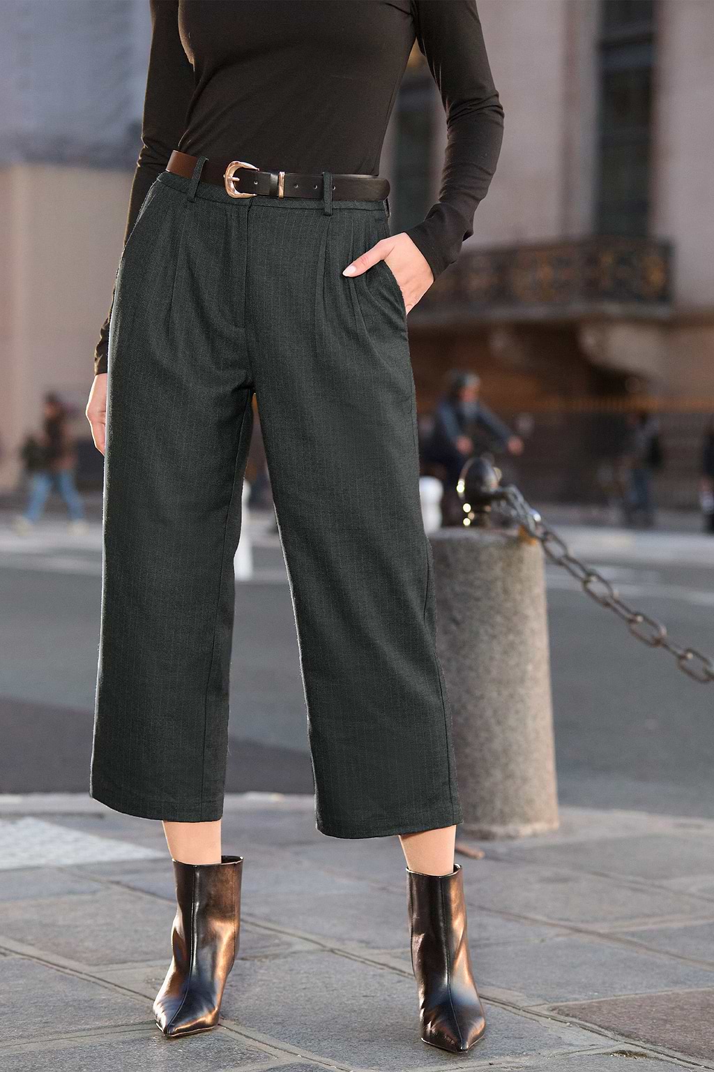 Grey Striped Straight Leg Pants