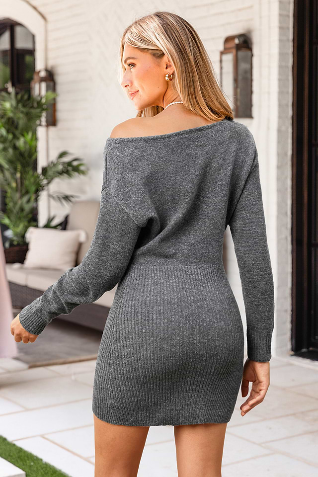 Grey Off-Shoulder Mini Sweater Dress