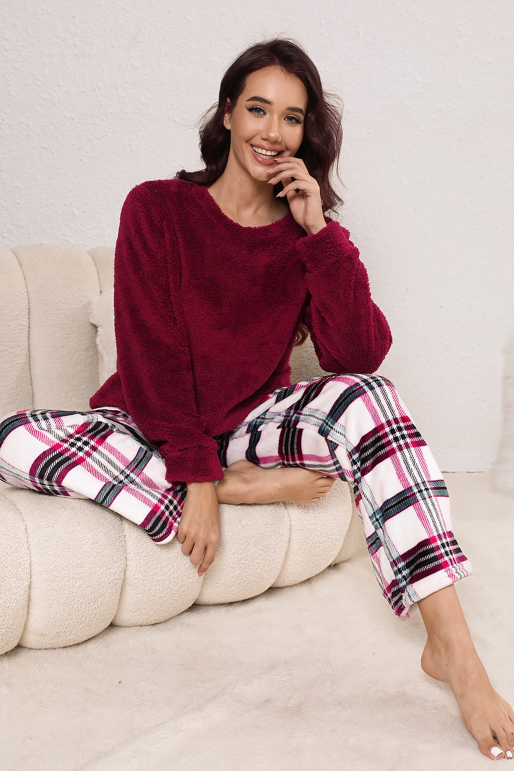 Red Fuzzy Knit Jumper & Plaid Pants Pajama Set