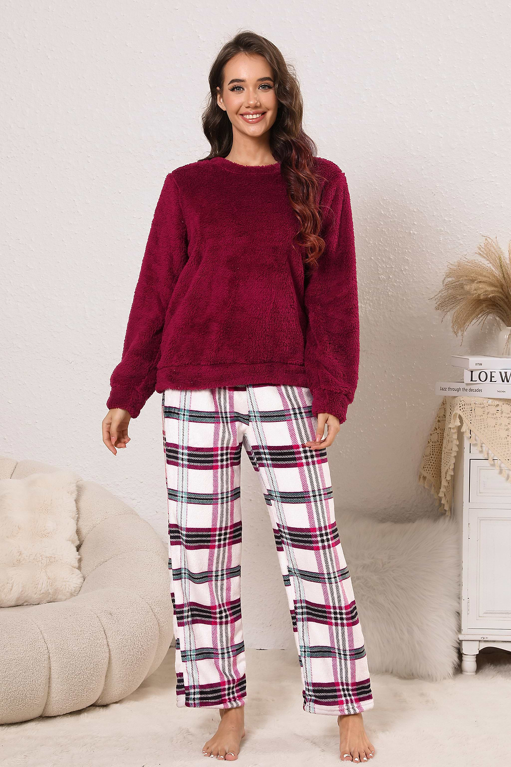 Red Fuzzy Knit Jumper & Plaid Pants Pajama Set