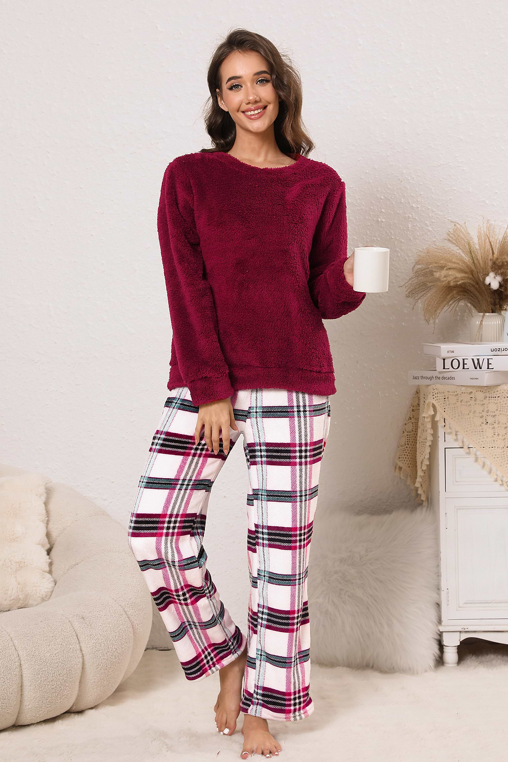 Red Fuzzy Knit Jumper & Plaid Pants Pajama Set