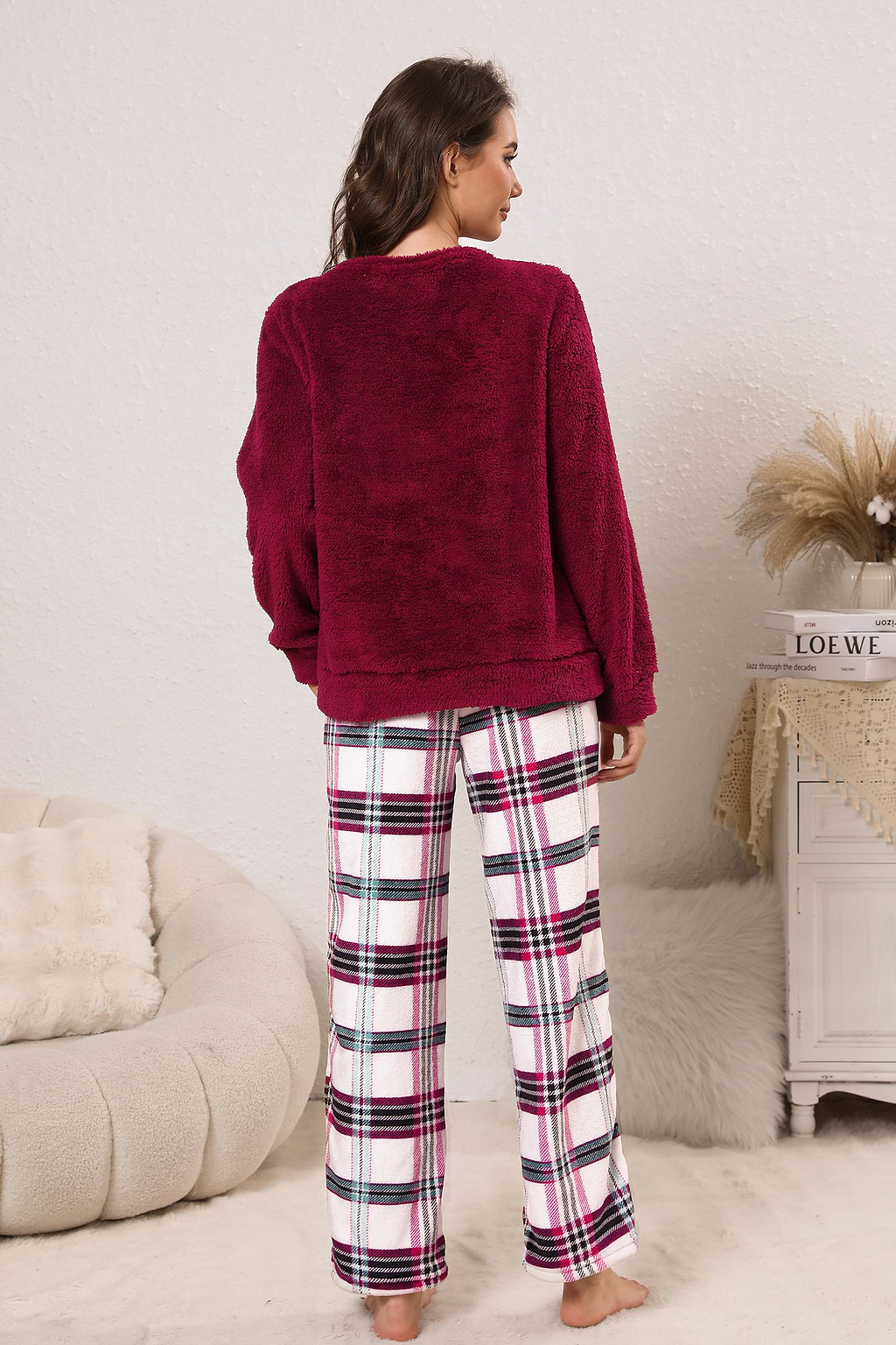 Red Fuzzy Knit Sweater & Plaid Pants Pajama Set