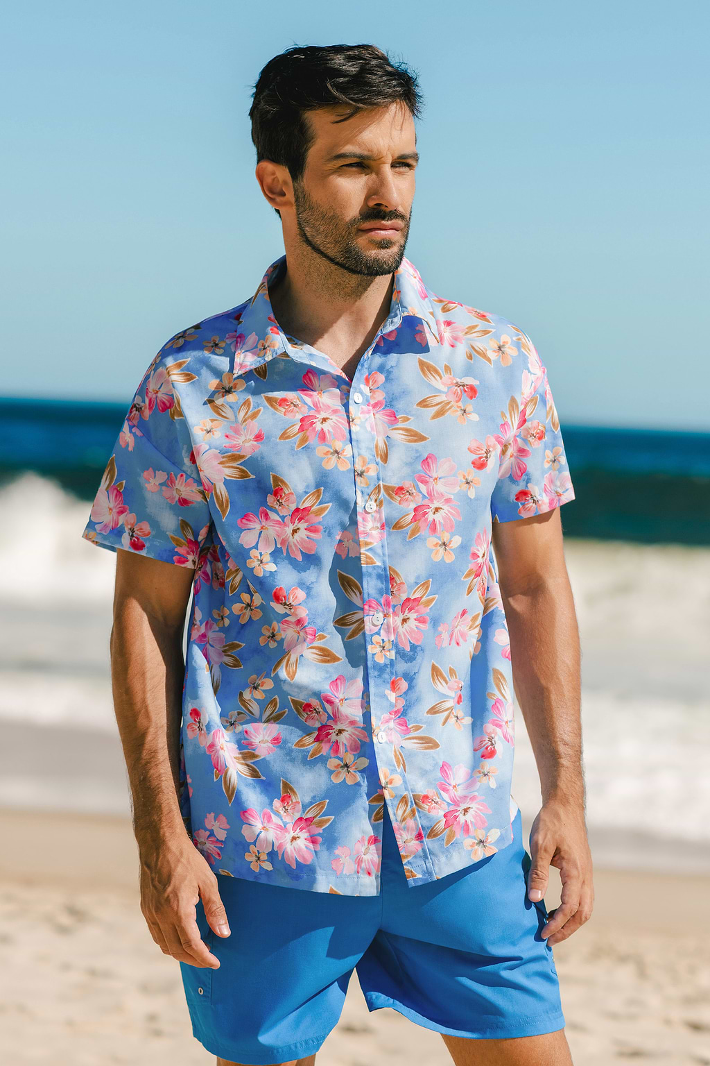 Blue Hawaiian Floral Men's Button-Up