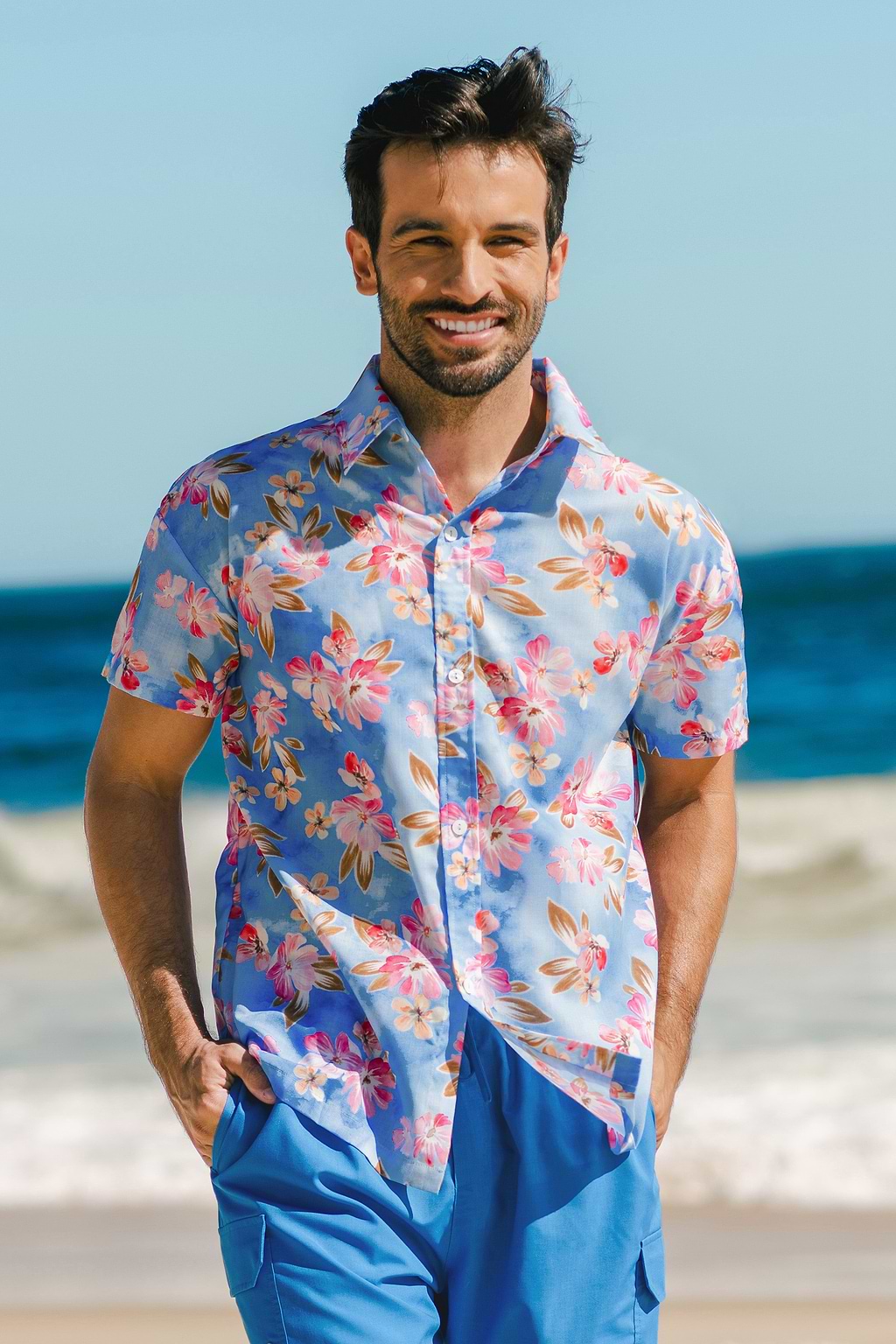 Blue Hawaiian Floral Men's Button-Up