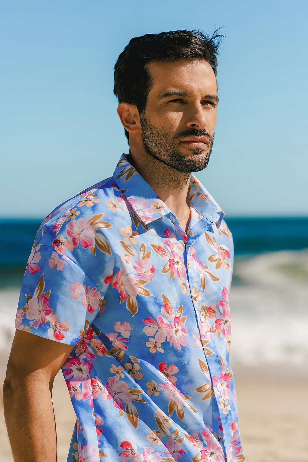 Blue Hawaiian Floral Men's Button-Up