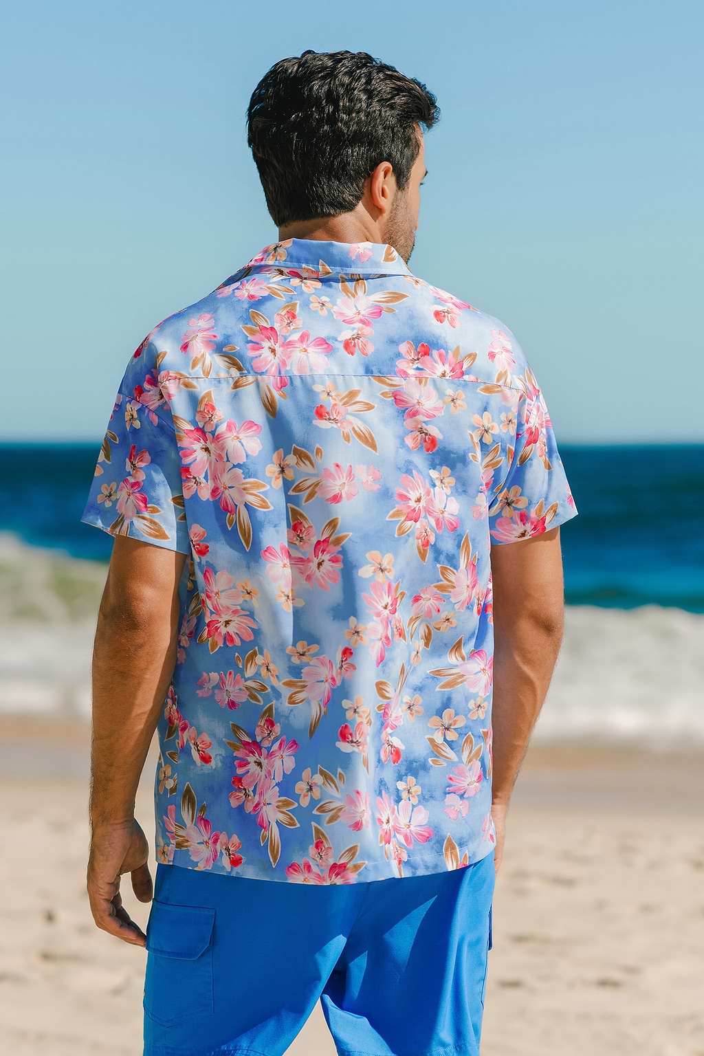 Blue Hawaiian Floral Men's Button-Up