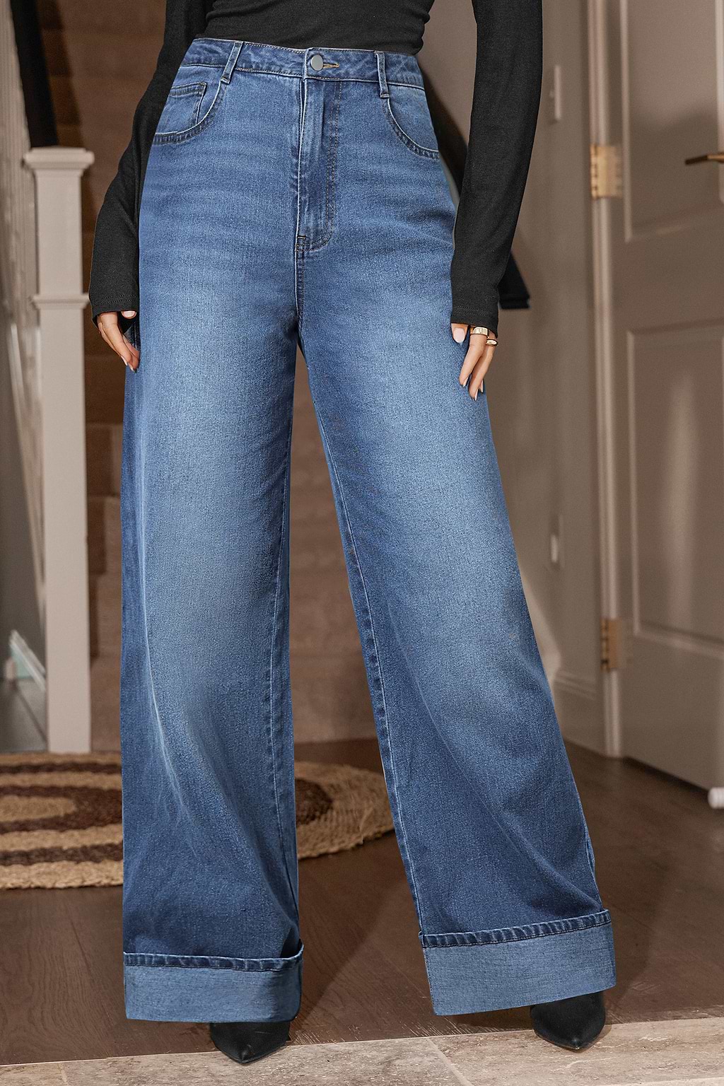 Faded Blue Flared Leg Cuffed Hem Jeans