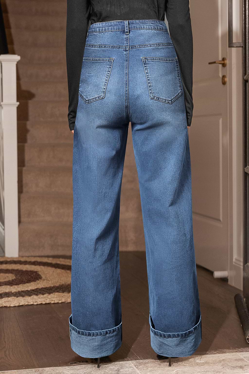 Faded Blue Flared Leg Cuffed Hem Jeans