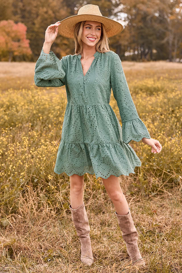 aqua eyelet mini dress Aqua Eyelet Flared Sleeve Mini Dress | Flirty & Feminine