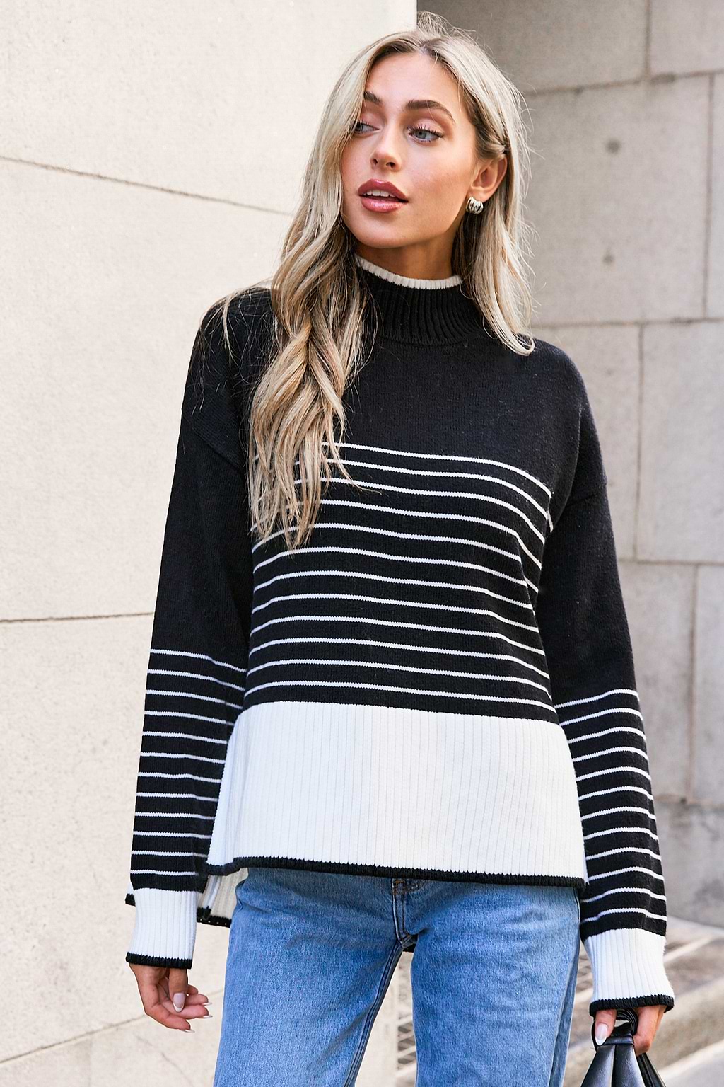 Black Striped Split High Neck Knit Top