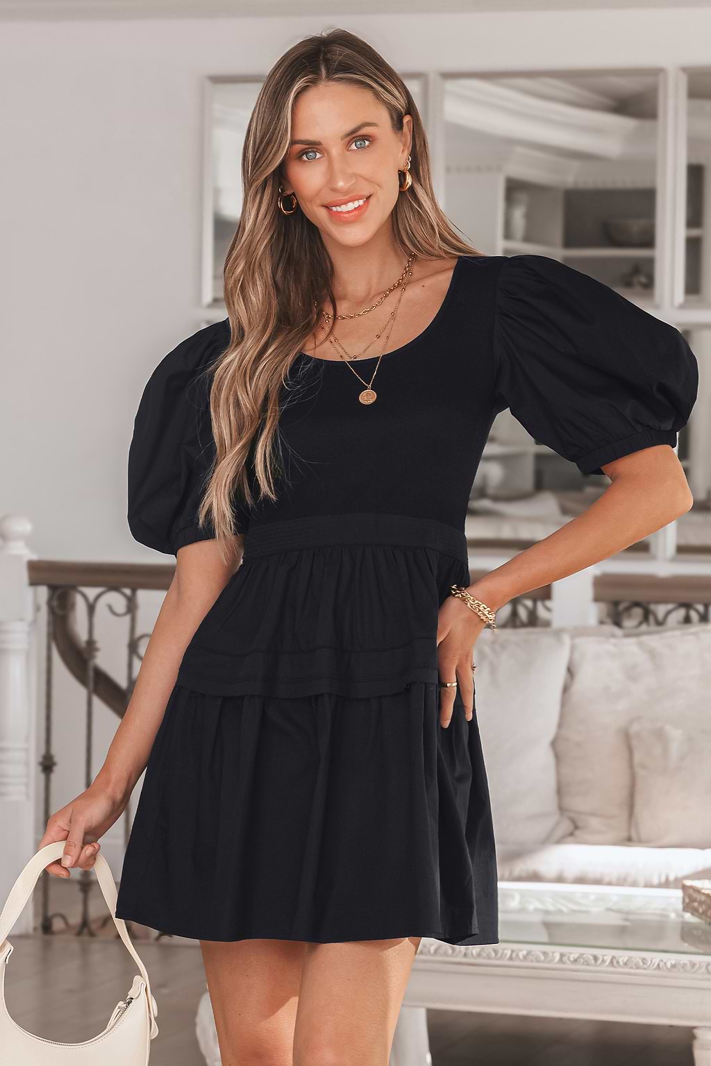 Black Bubble Sleeve Ruched Mini Dress