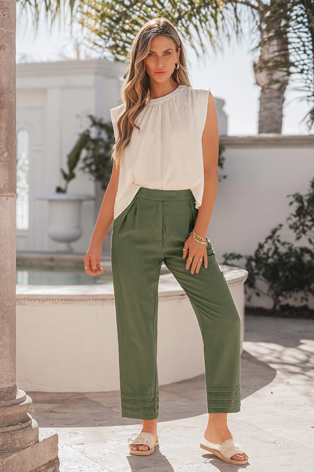 Green Pleated Tapered Leg Pants
