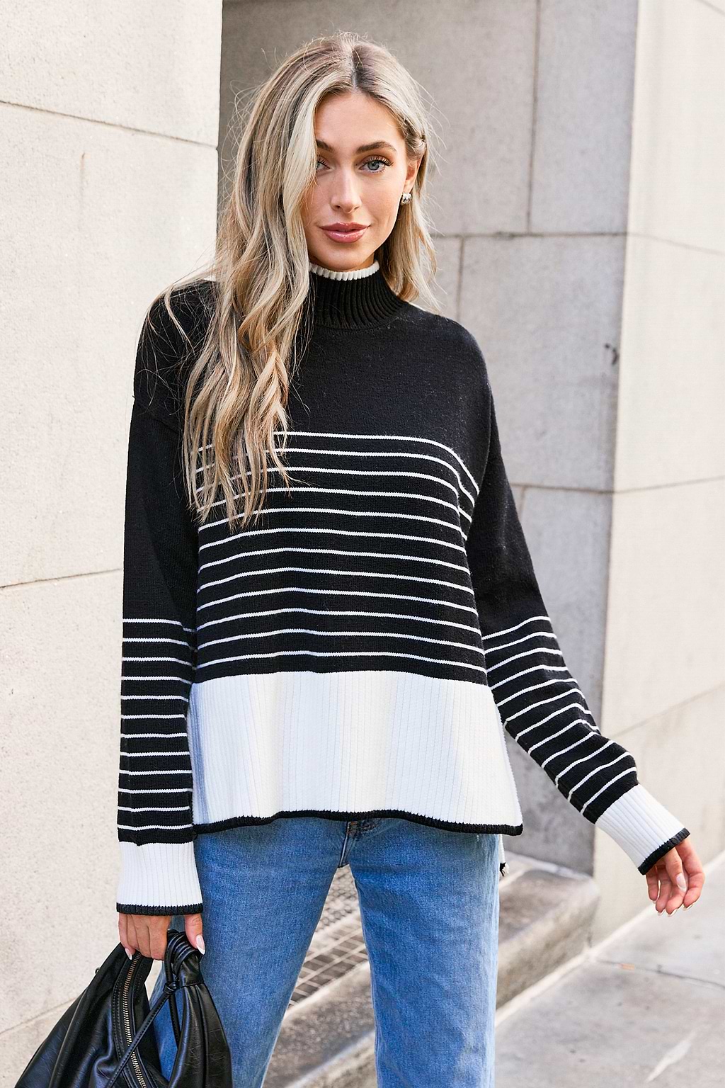 Black Striped Split High Neck Knit Top