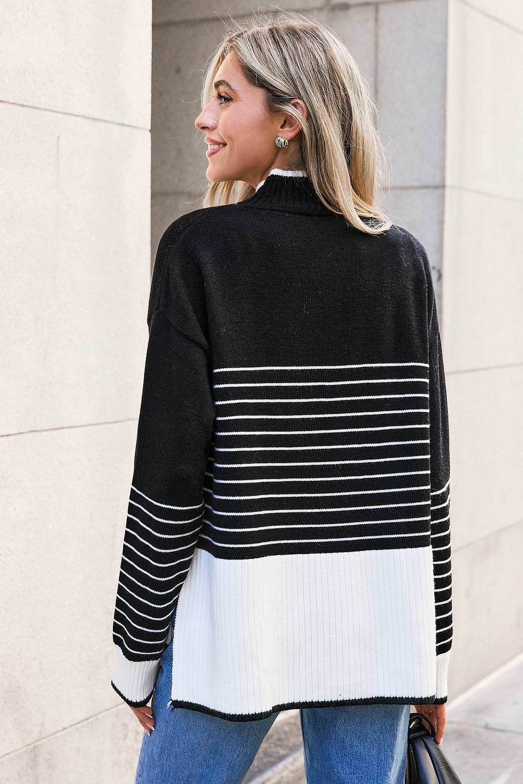 Black Striped Split High Neck Knit Top