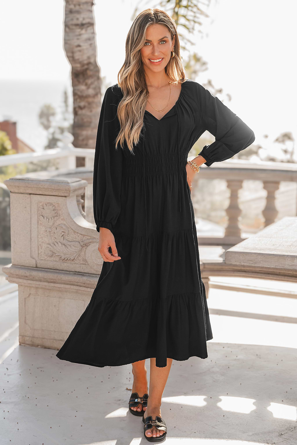 Black Puff Sleeve Ruffled Midi Dress