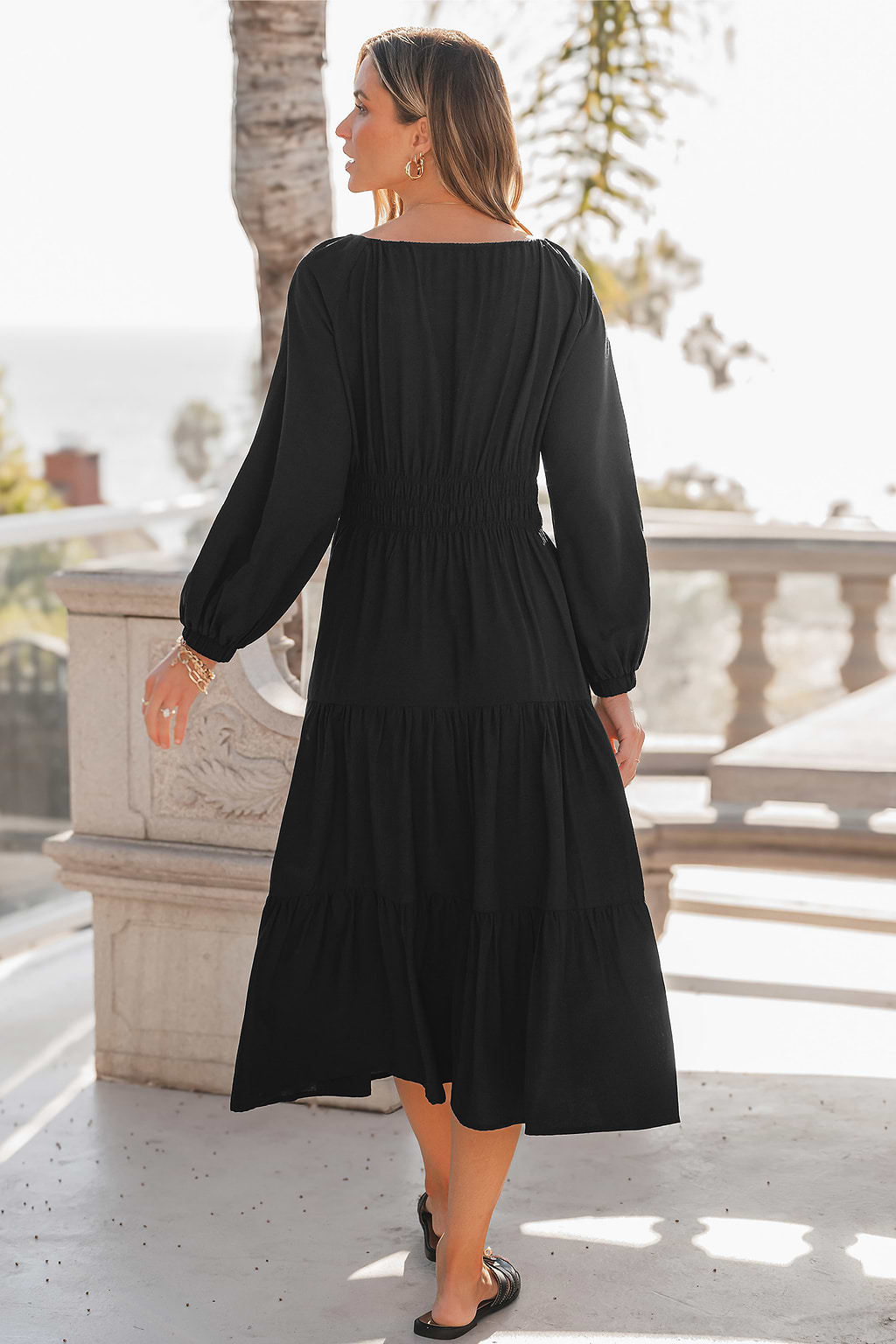 Black Puff Sleeve Ruffled Midi Dress