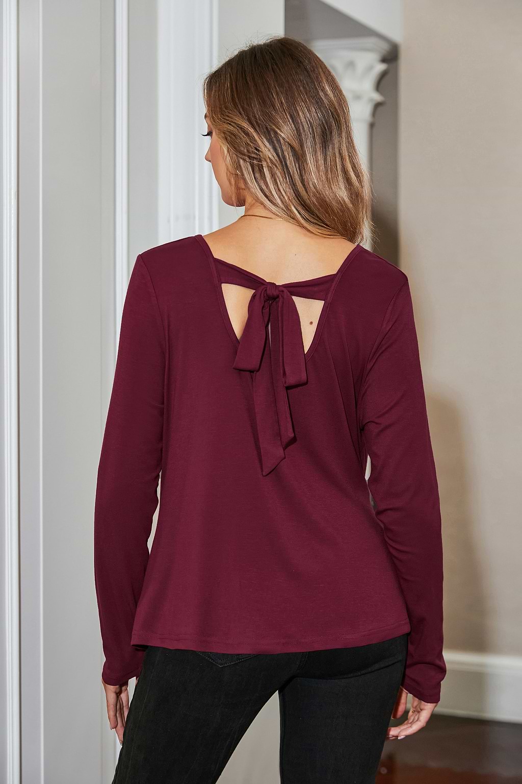 Red Draped V-Neck Long Sleeve Top