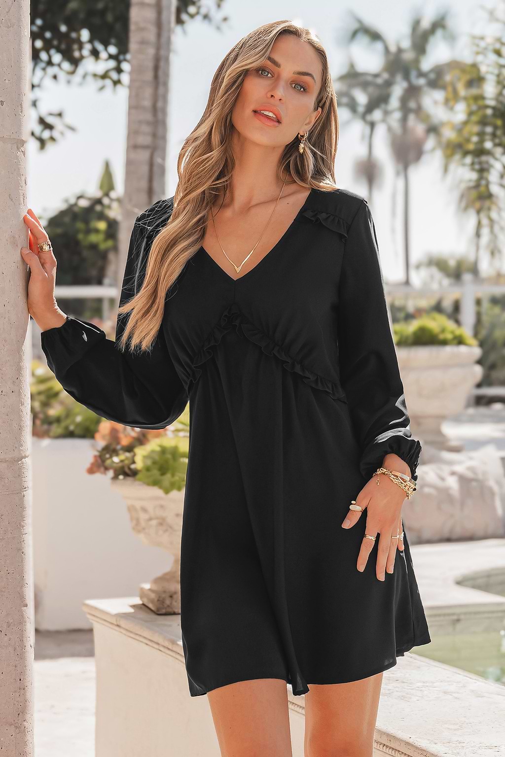 Black Plunging Puff Sleeve Mini Dress