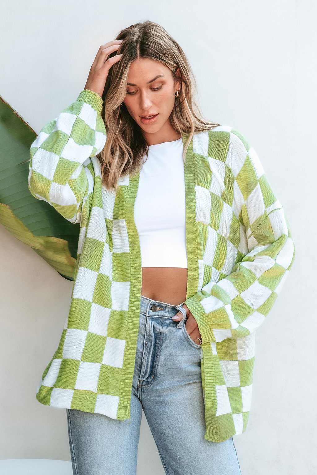 Green & White Checkered Open Front Cardigan