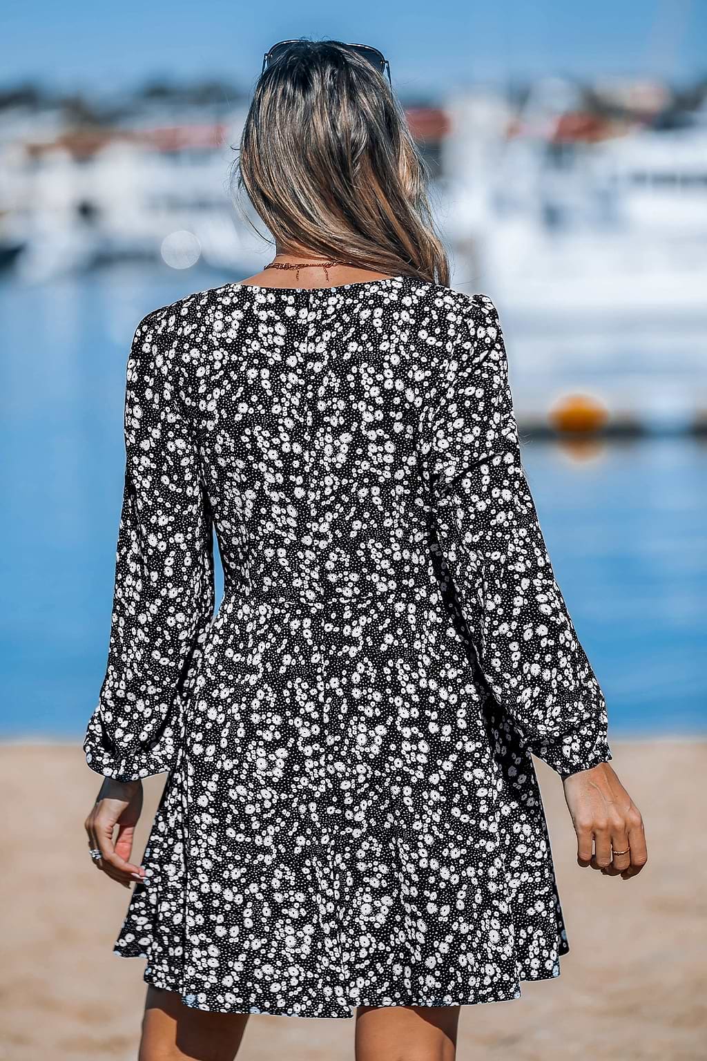 Black Ditsy Long Puff Sleeve Mini Dress