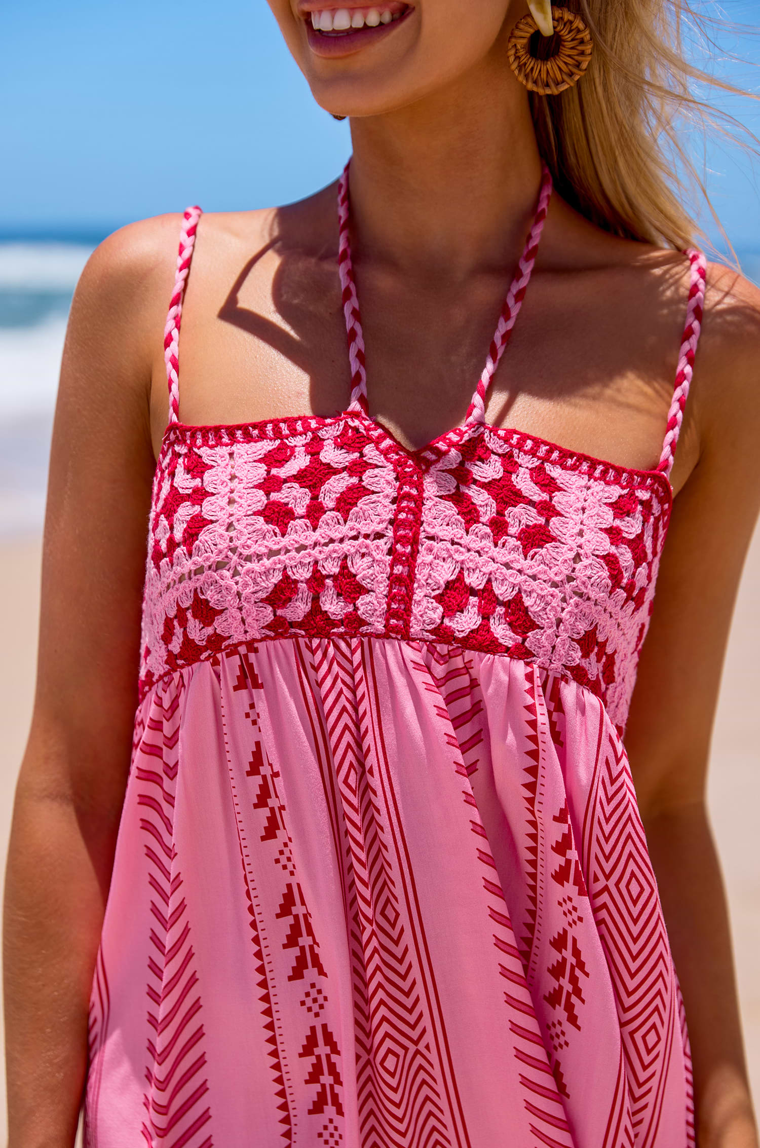 Pink Boho Square Neck Sleeveless Midi Dress