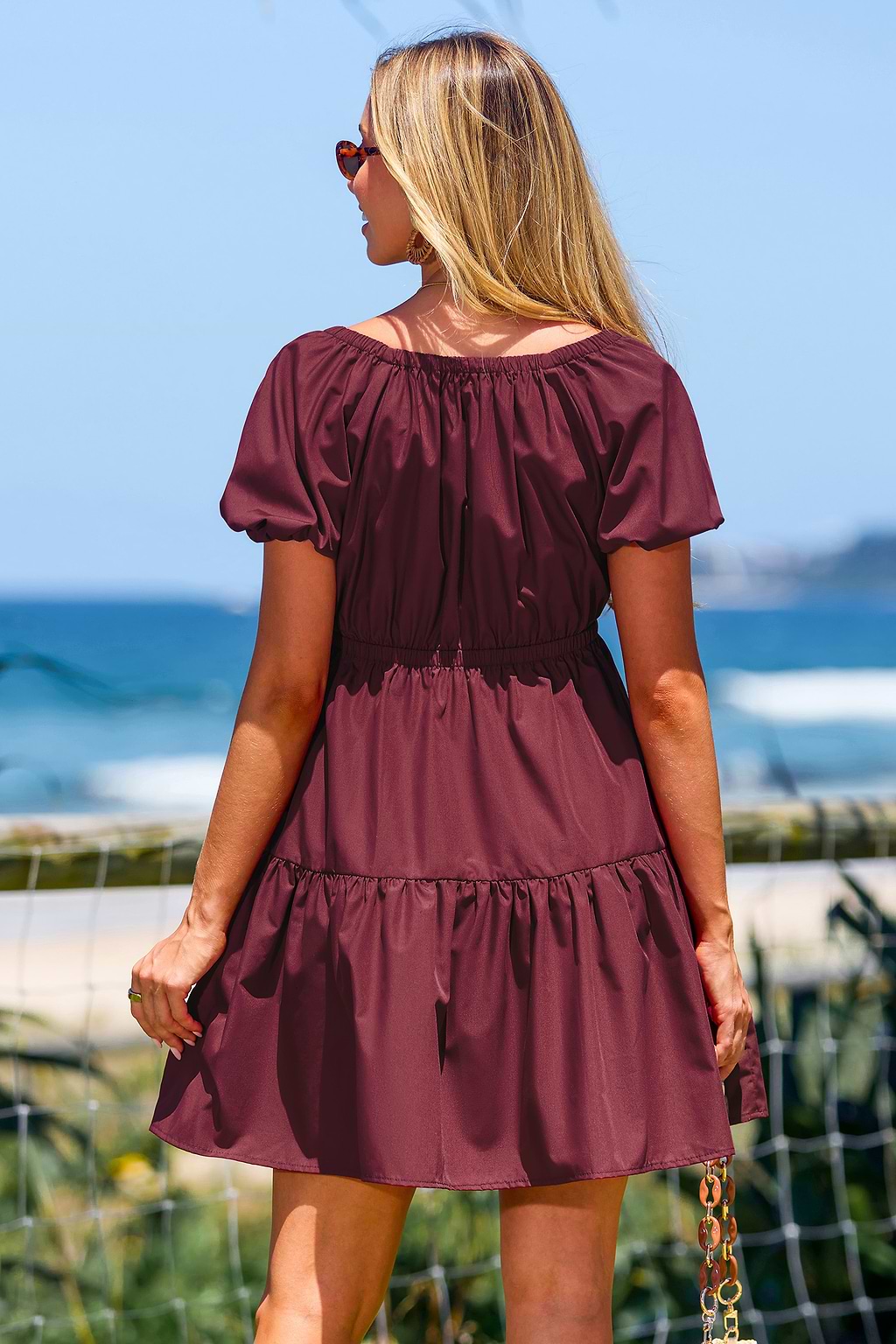 Red V-Neck Short Puff Sleeve Mini Dress