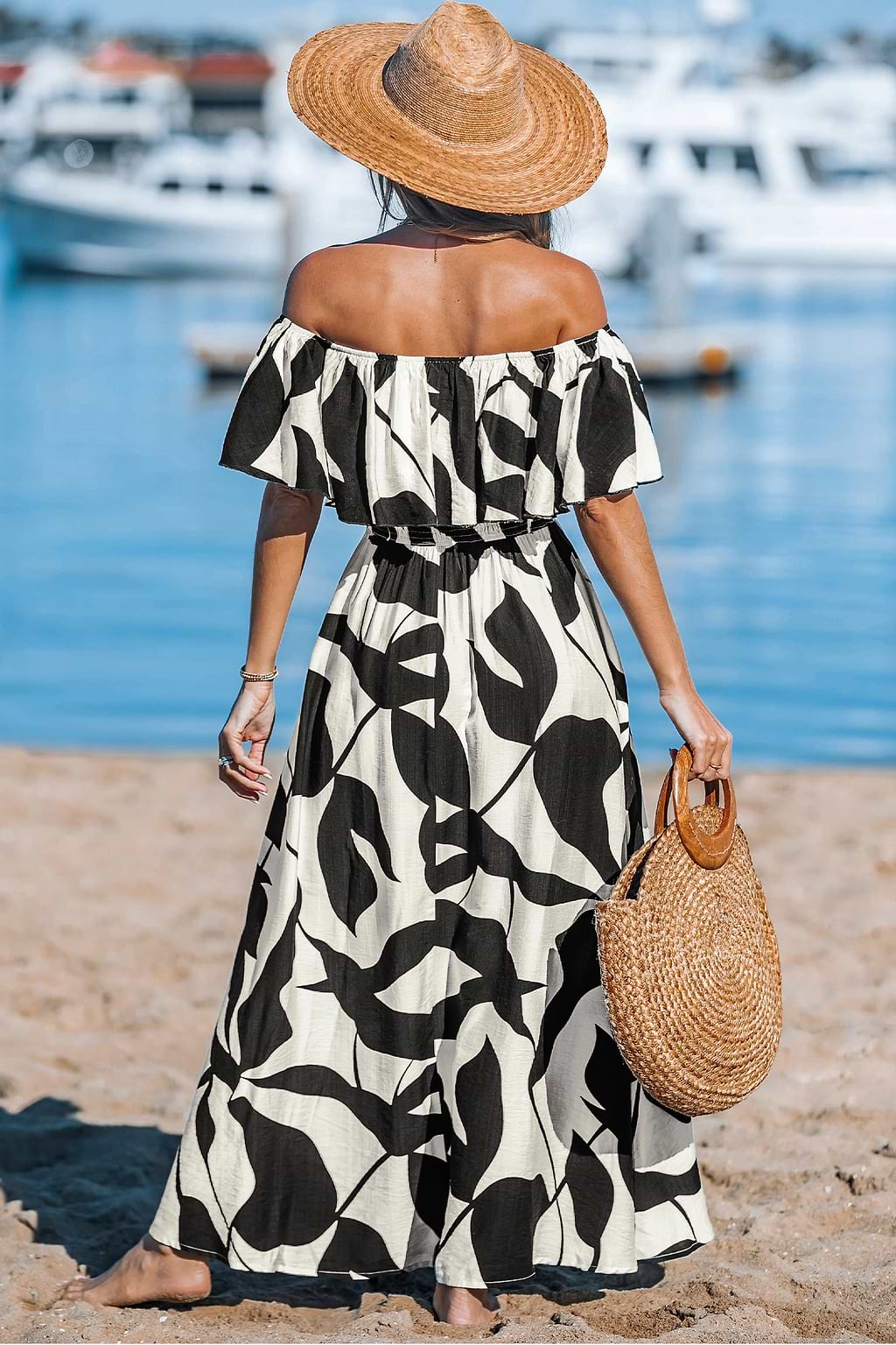 Black & White Tropical Off-Shoulder Maxi Dress