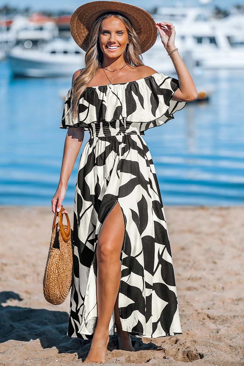 Black & White Tropical Off-Shoulder Maxi Dress