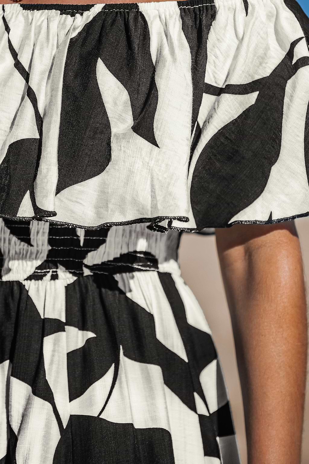Black & White Tropical Off-Shoulder Maxi Dress