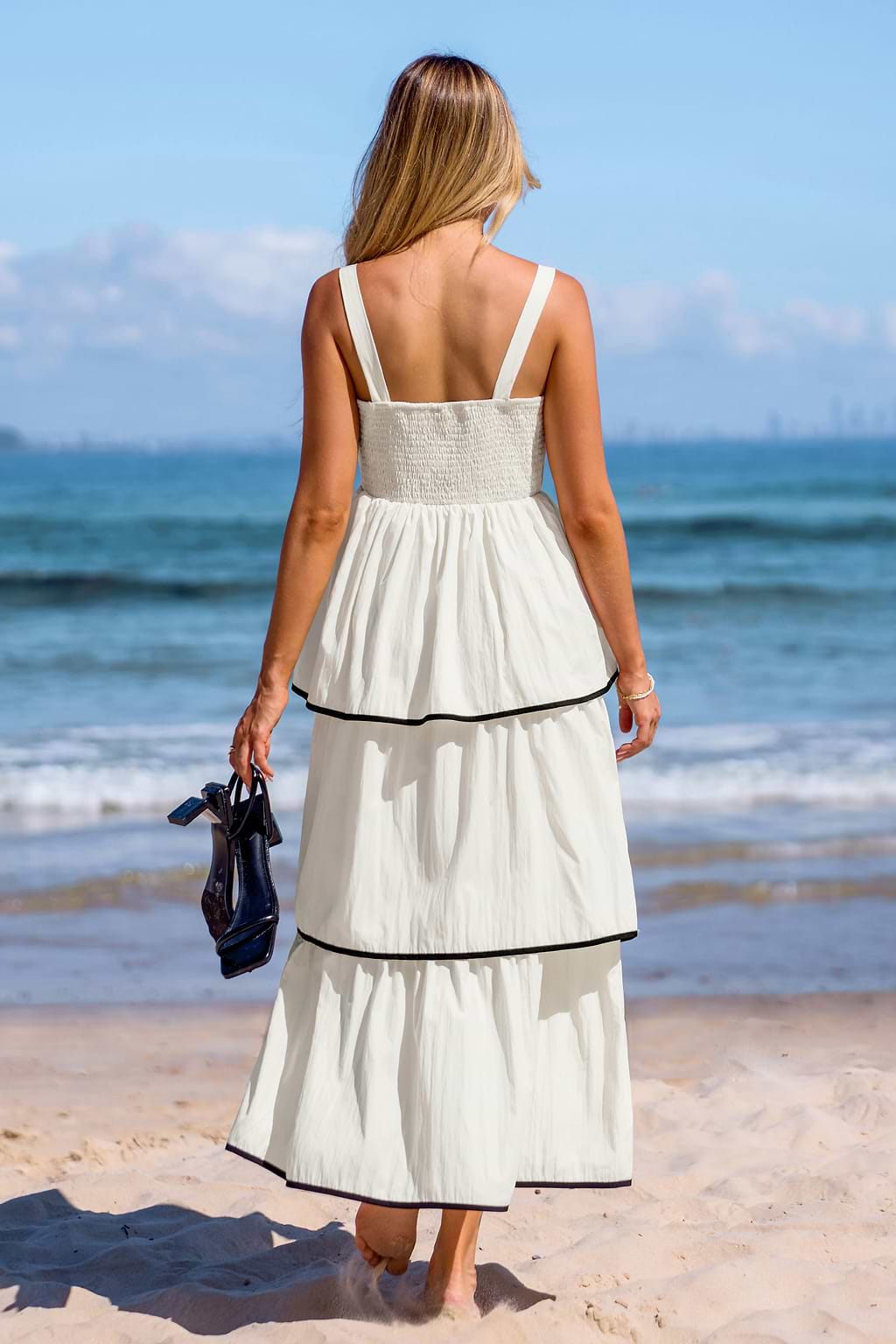 White Sleeveless Tiered Skirt Midi Dress