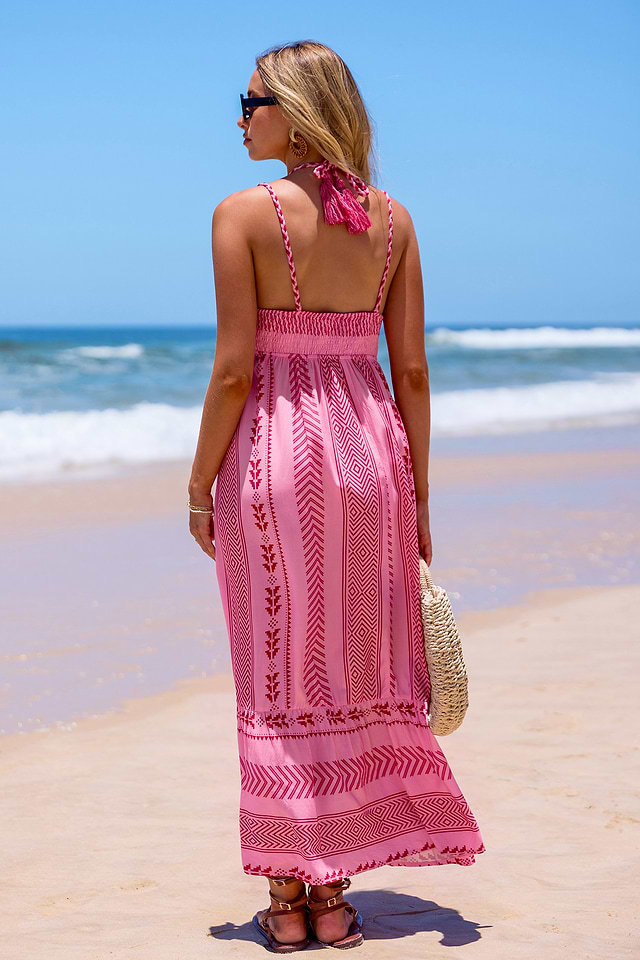 Pink Boho Square Neck Sleeveless Midi Dress Pink Boho Square Neck Sleeveless Midi Dress