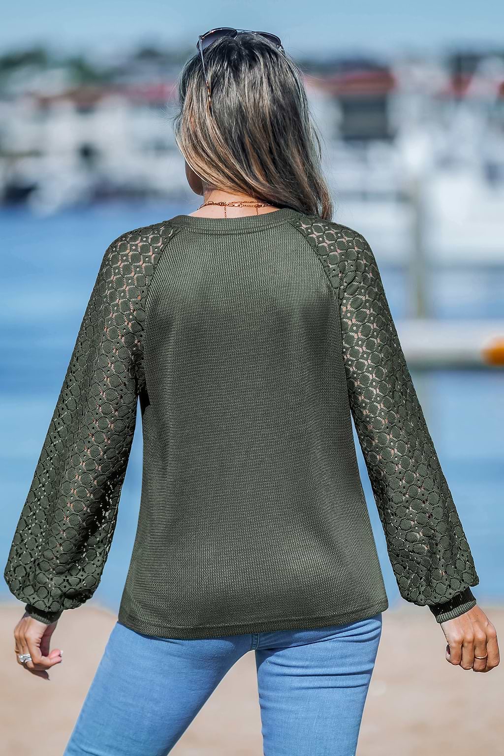 T-shirt en tricot gaufré à col cranté vert olive