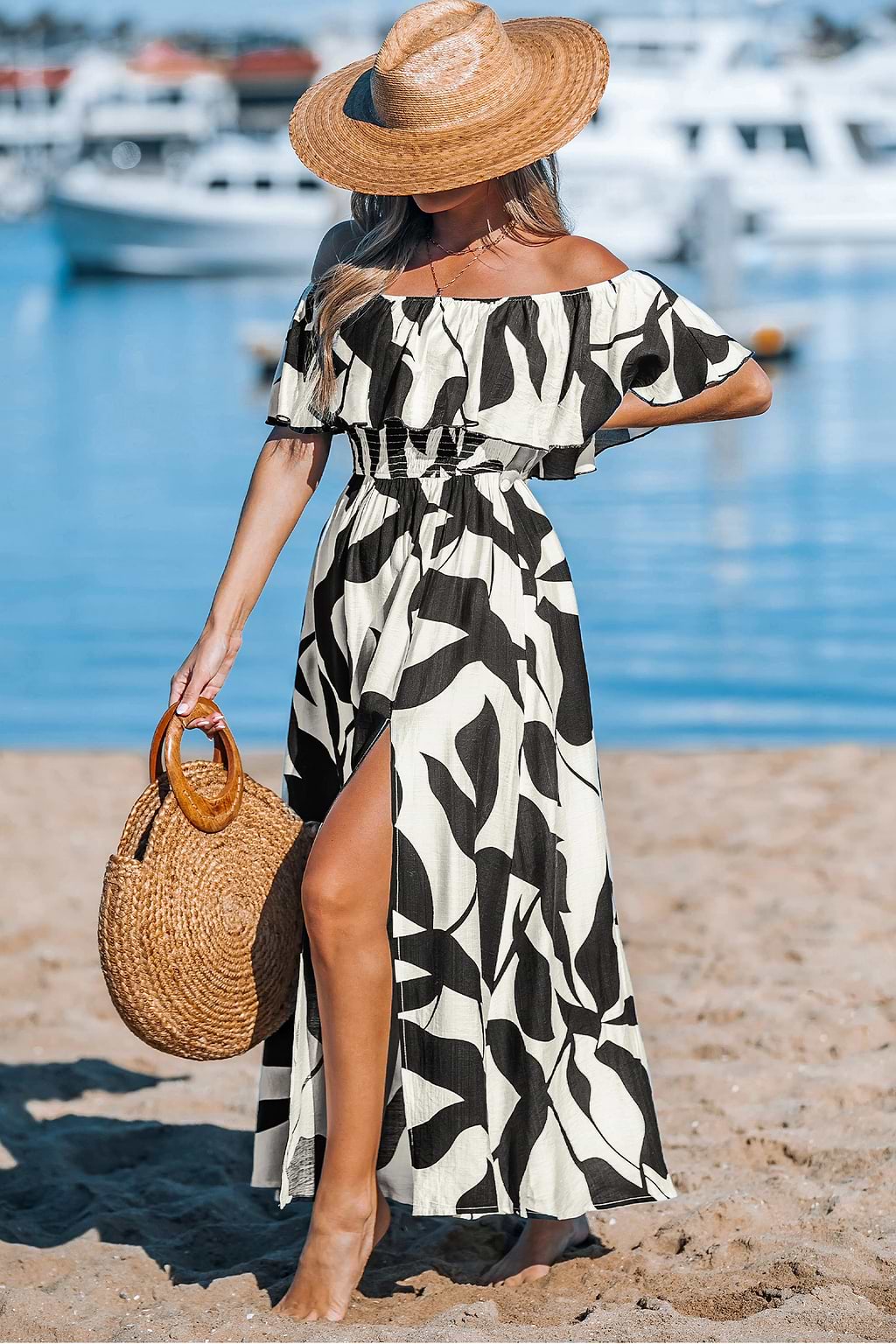 Black & White Tropical Off-Shoulder Maxi Dress