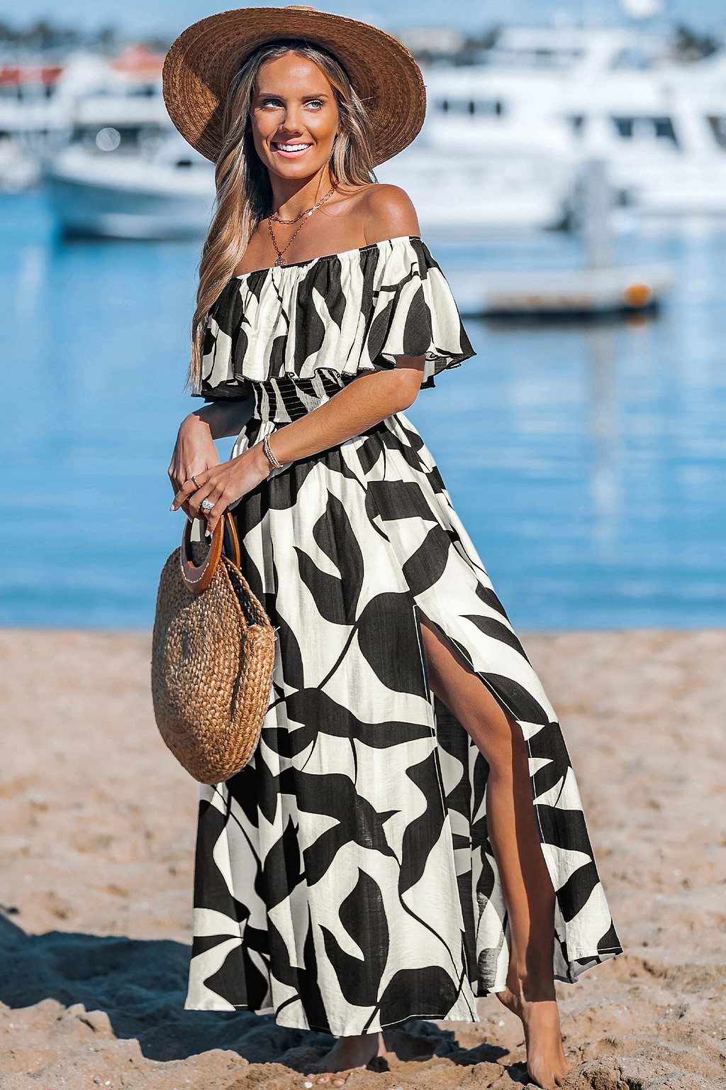 Black & White Tropical Off-Shoulder Maxi Dress